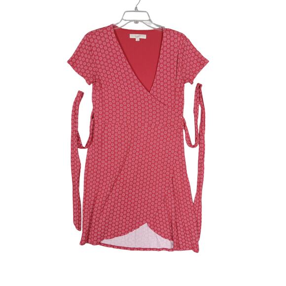 Loft Red Wrap Dress With White Floral Pattern Size 2 Short Sleeve Rayon Blend - Picture 4 of 8